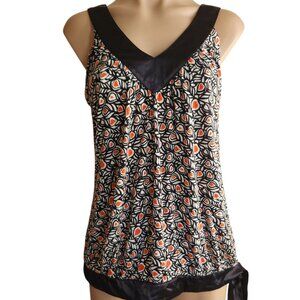 Black White Red Hearts Design Sleeveless Blouse Tank Size Large V Neck & Back